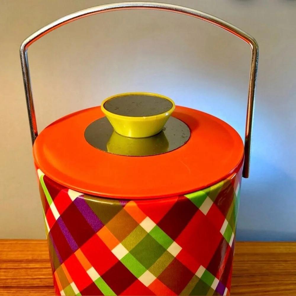 60-70’s Vintage Mod Retro Plaid Vinyl Ice Bucket MCM #10012510